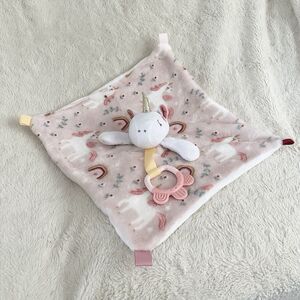 Pink Unicorn Pattern Baby Girl Lovey With Teether Toy Gold Horn 13” Plush